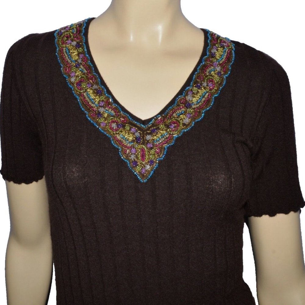 BLUMARINE SZ SMALL BROWN KNIT RIBBED CASHMERE SHORT SLEEVE BEADED SWEATER ITALY